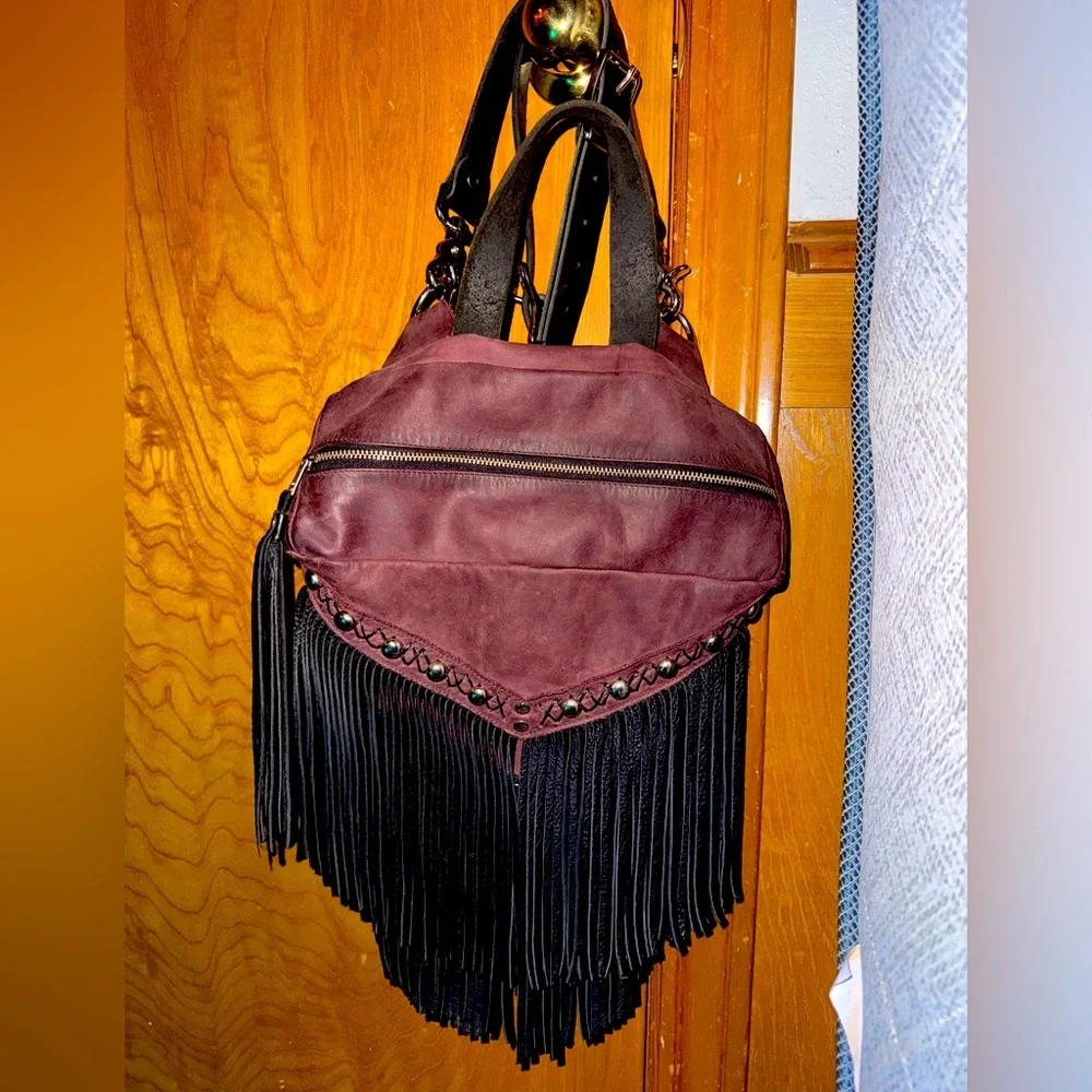 Birdtrouble 100% leather Mini Melissa purple&black pebbled bison fringe backpack - Picture 3 of 12
